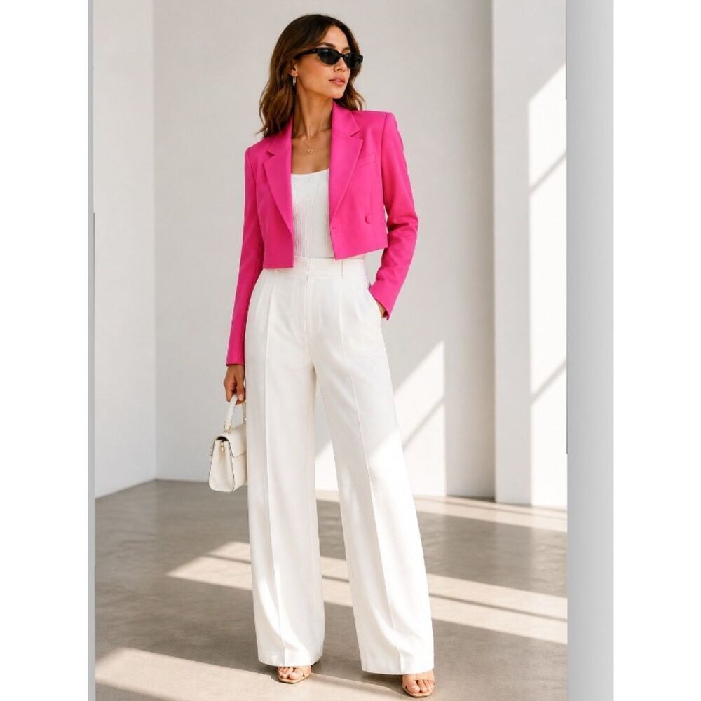 Avec Les Filles Cropped Pink Blazer Women’s M Tailored Single Button Jacket NEW